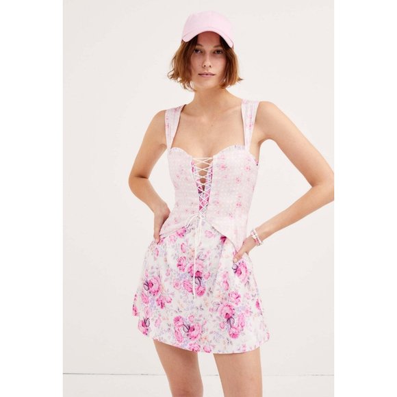 For Love & Lemons - Taylor Lace-Up Satin Bustier Mini Dress In Purple Floral - Picture 2 of 8